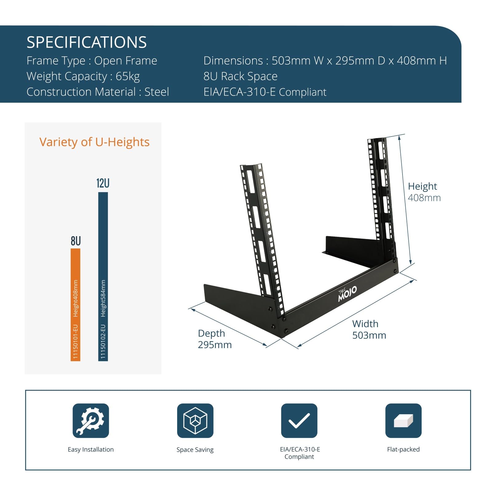 Tecmojo Rack da Tavolo 19 Pollici 8U 2 Montanti, Rack a Struttura Aperta per Apparecchiature AV, Nero