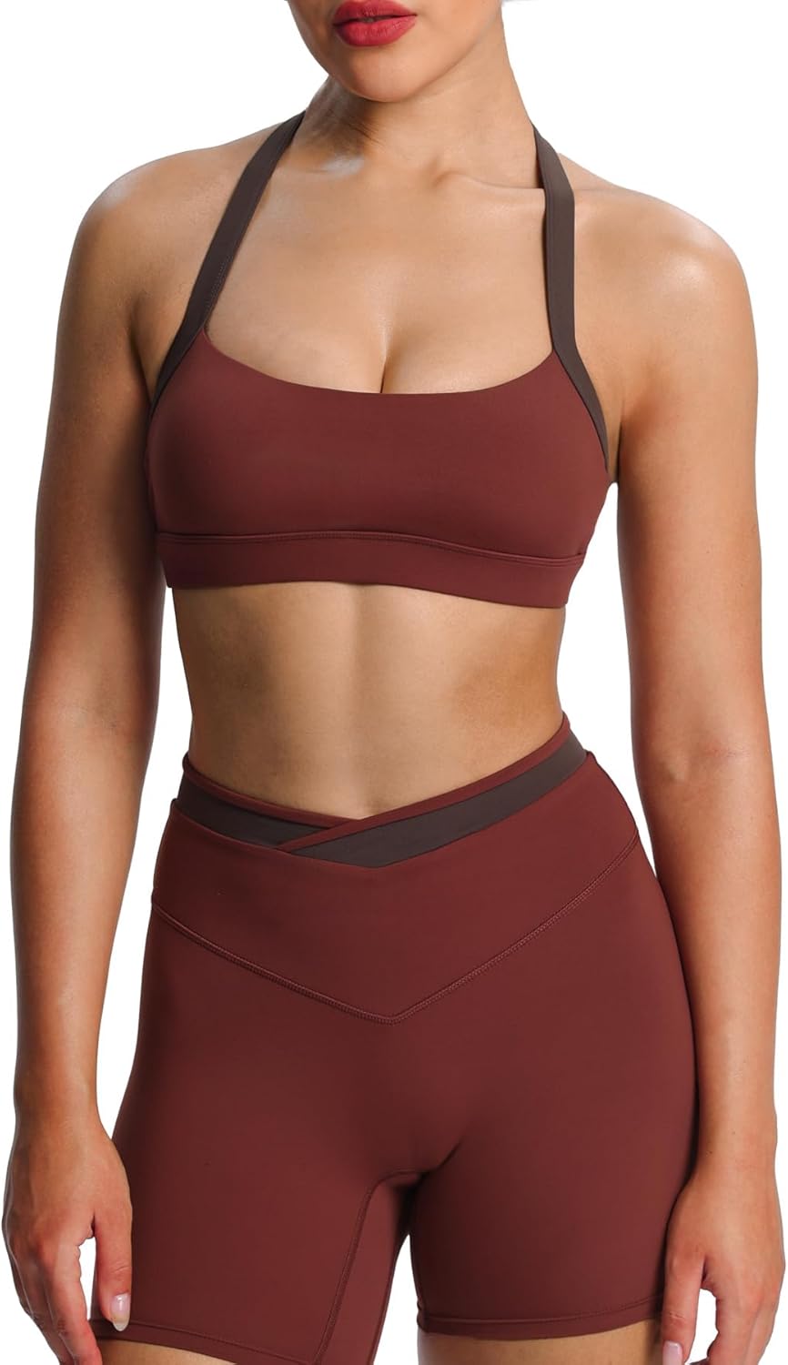 Aoxjox Women's Color Block Halter Workout Sports Bras Fitness Athletic Vanessa Bra Yoga Crop Tank