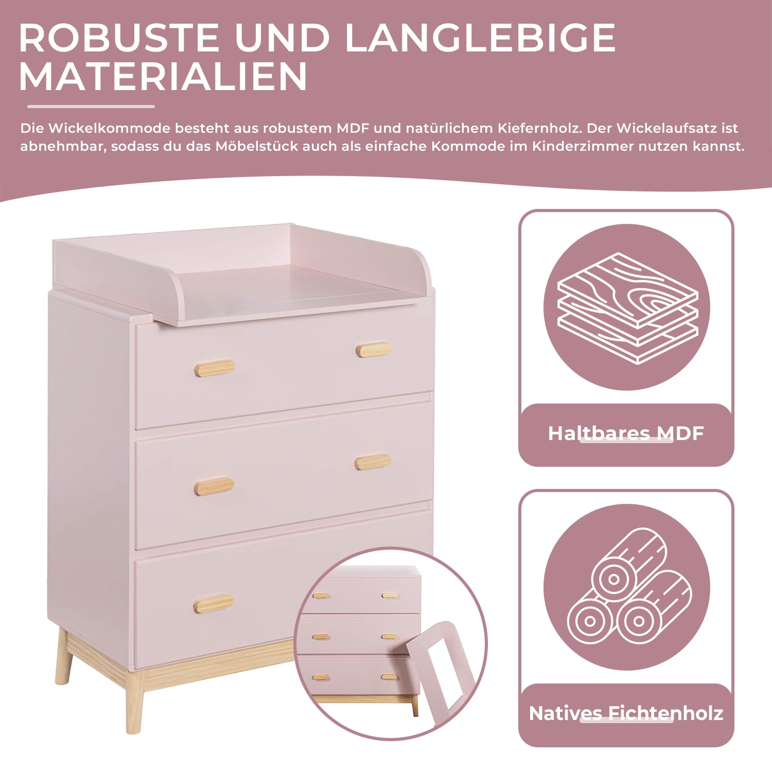 Rebecca Mobili Wickelkommode mit Wickeltisch, Baby Wickeltisch, Rosa Braun, Kiefern MDF, Platzsparend, mit Abnehmbarem Wickeltisch - Maße HxBxT: 100 x 80 x 42 cm - Art. RE6984