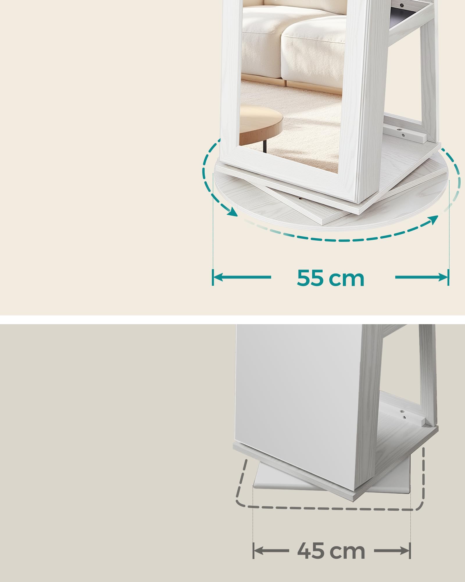 SONGMICS Szafka na biżuterię z lustrem, obracana o 360°, zamykana | Schowek na biżuterię, 3 w 1, półki, jasne cappuccino i biały, Kolekcja BERIT JJC062W101