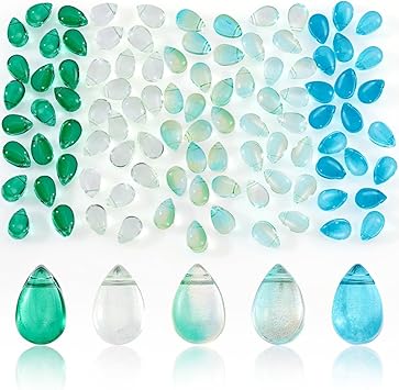 AHANDMAKER 100 Pcs Czech Glass Beads Teardrop, 9x6mm 5 Colors Transparent Crystal Glitter Small Glass Water Drop Loose Pendants Beads for Necklace Earring Bracelet DIY Jewelry Making, Blue&Green