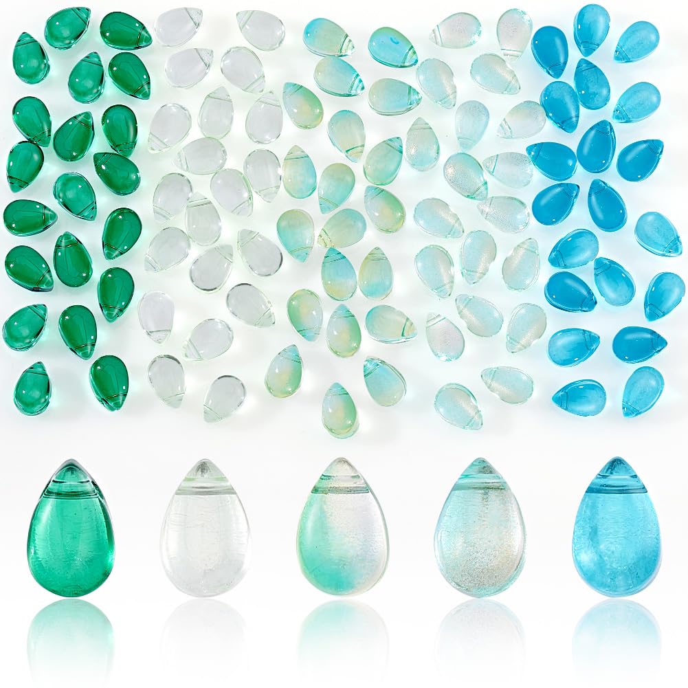 AHANDMAKER 100 Pcs Teardrop Czech Glass Beads, 5 Colors Transparent Crystal Beads with Glitter Gold Powder Water Drop Loose Pendants Beads for DIY Necklace Earring Bracelet Jewelry Making, Blue&Green โ image 1