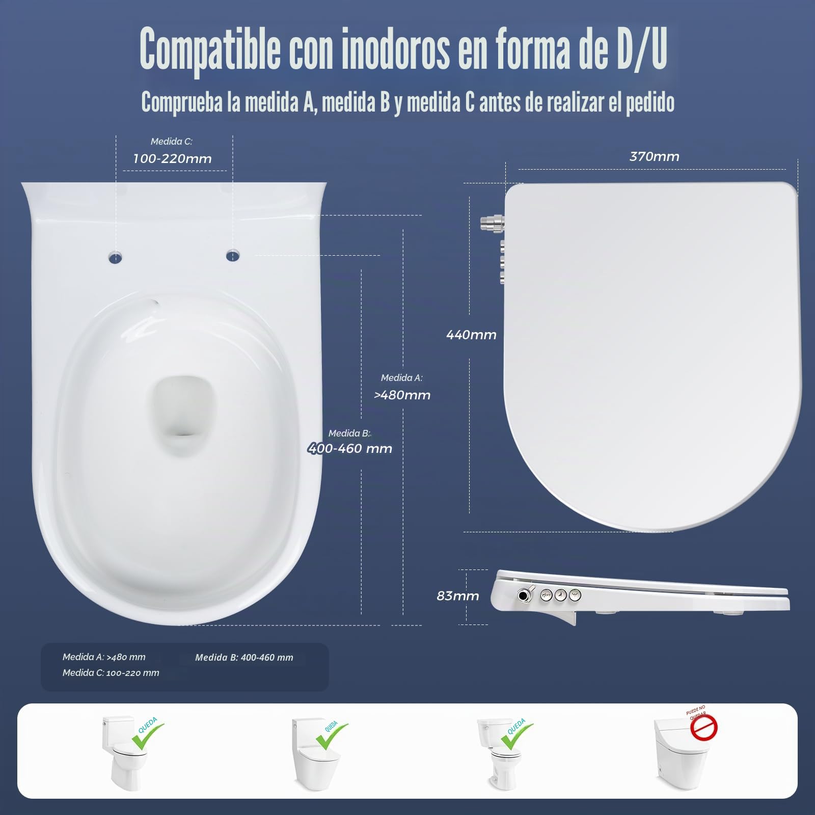 SAMODRA Asiento de inodoro bidet con cierre suave, lavado de caderas y femenino, auto-limpieza, forma D