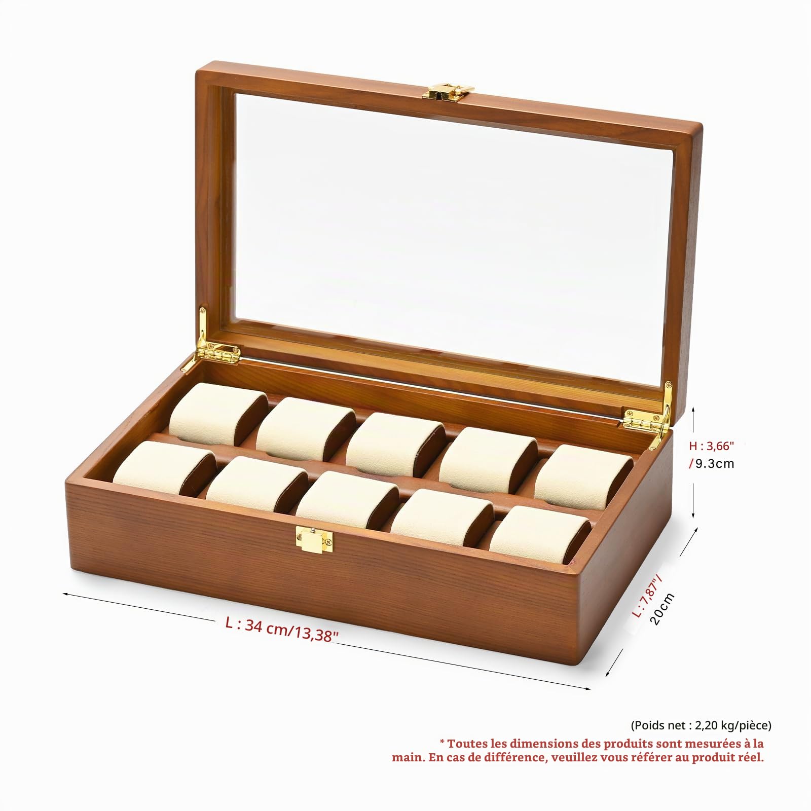 Oirlv Boîte De Montre En Bois Massif Organisateur Avec Couvercle 10 Montres De Stockage Boîte De Montre Avec Coussin Amovible,Rangement Montres(Blanc Crème)