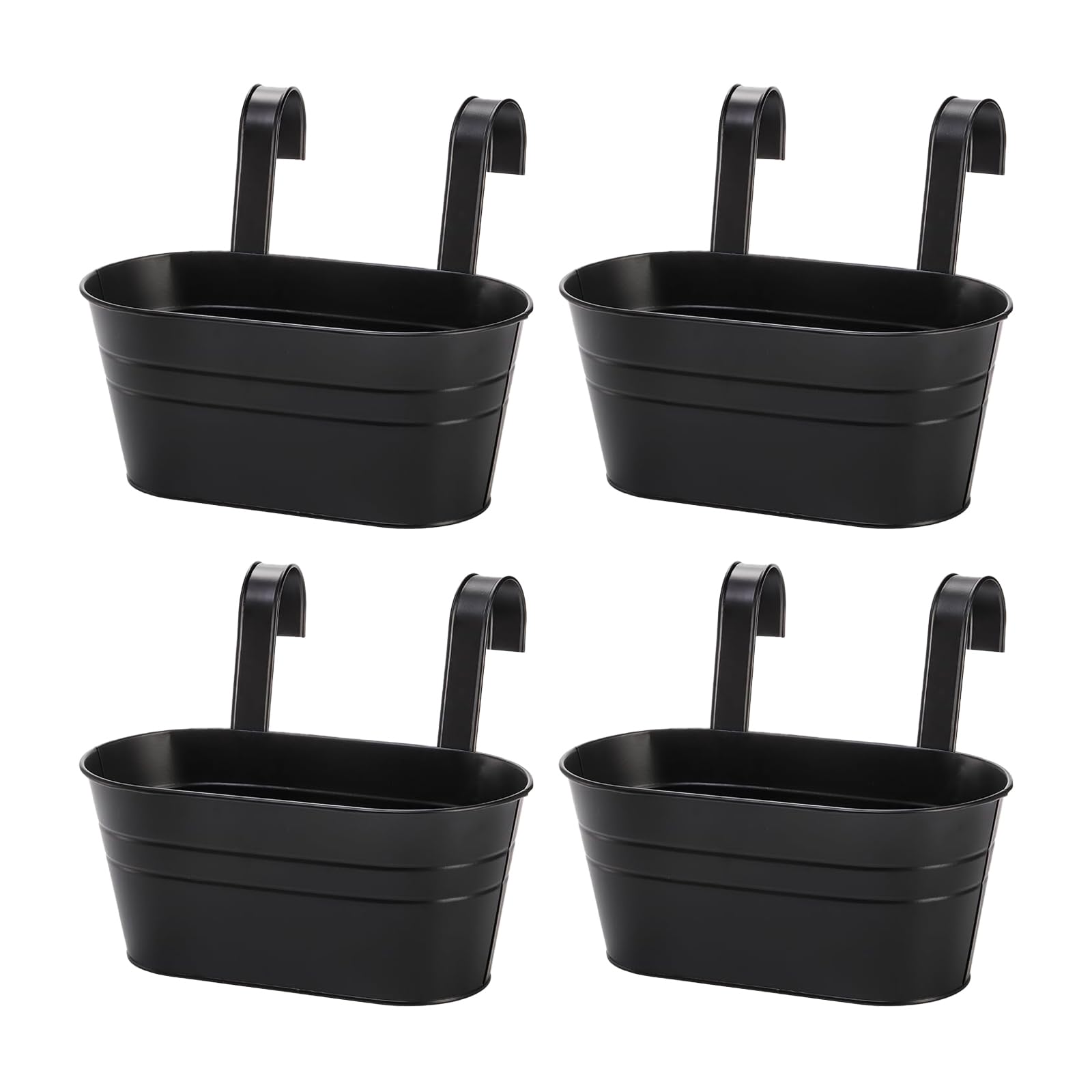 4 Pcs Hanging Flower Pots, Metal Iron Plant Pots for Railing Fence Hanging Bucket Pots Window Flower Plant Holder with Detachable Hooks Garden Home Decor (Black)