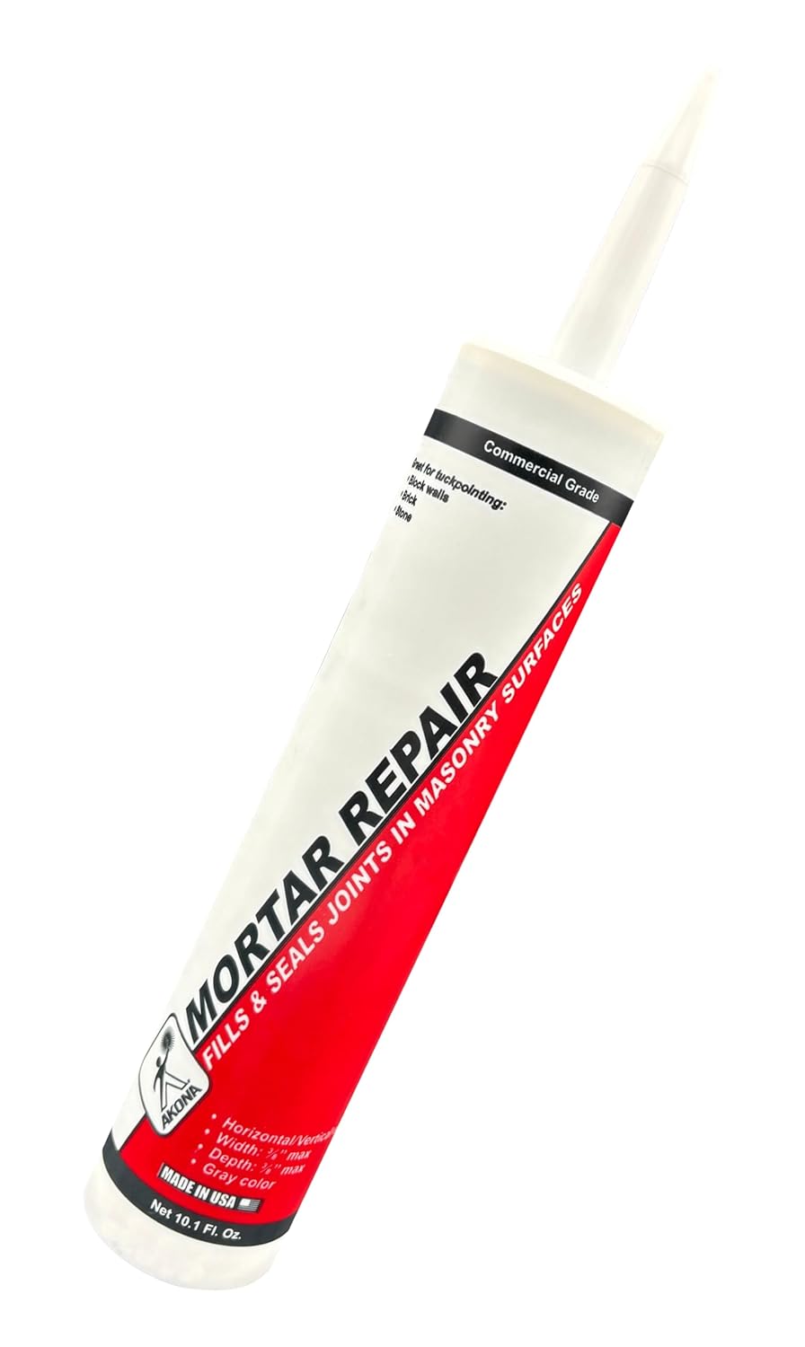 Akona Mortar Repair Tube: Gray Paintable Tuckpointing Sealant for Brick, Stone & Block Walls, Fast-Drying 10 oz