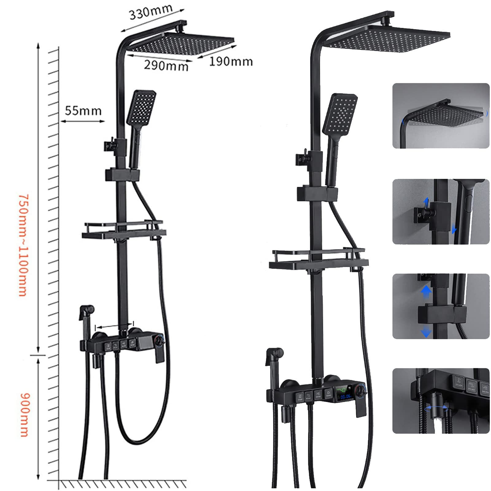 Sistema Doccia Nero con Display Digitale, Set Rubinetto termostatico, Miscelatore in Ottone con soffione a Pioggia, doccetta, doccetta Bidet, beccuccio Vasca, Altezza Doccia Regola