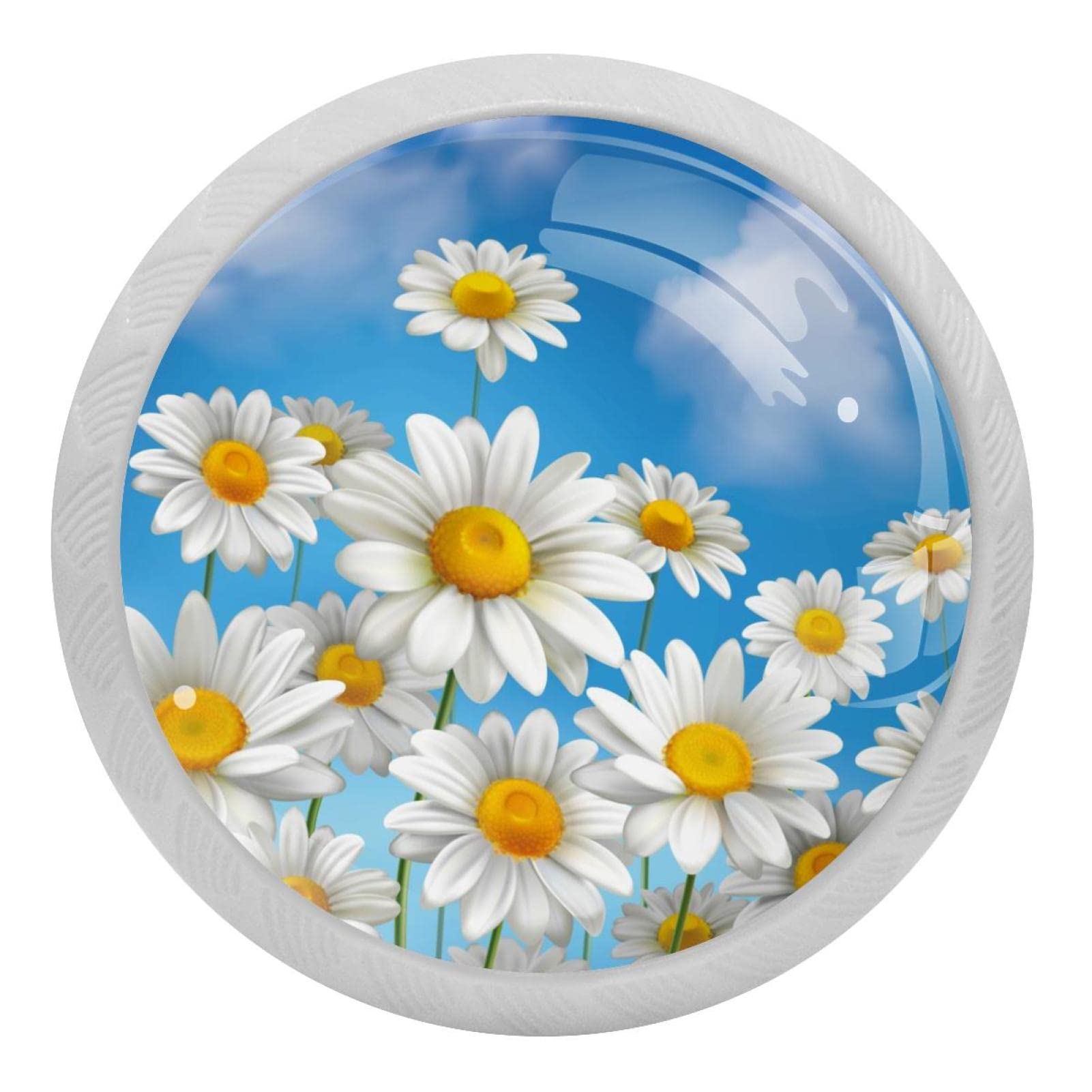 Poignées rondes fluorescentes 35mm marguerites jaunes et blanches pour meuble et tiroir (lot de 4)