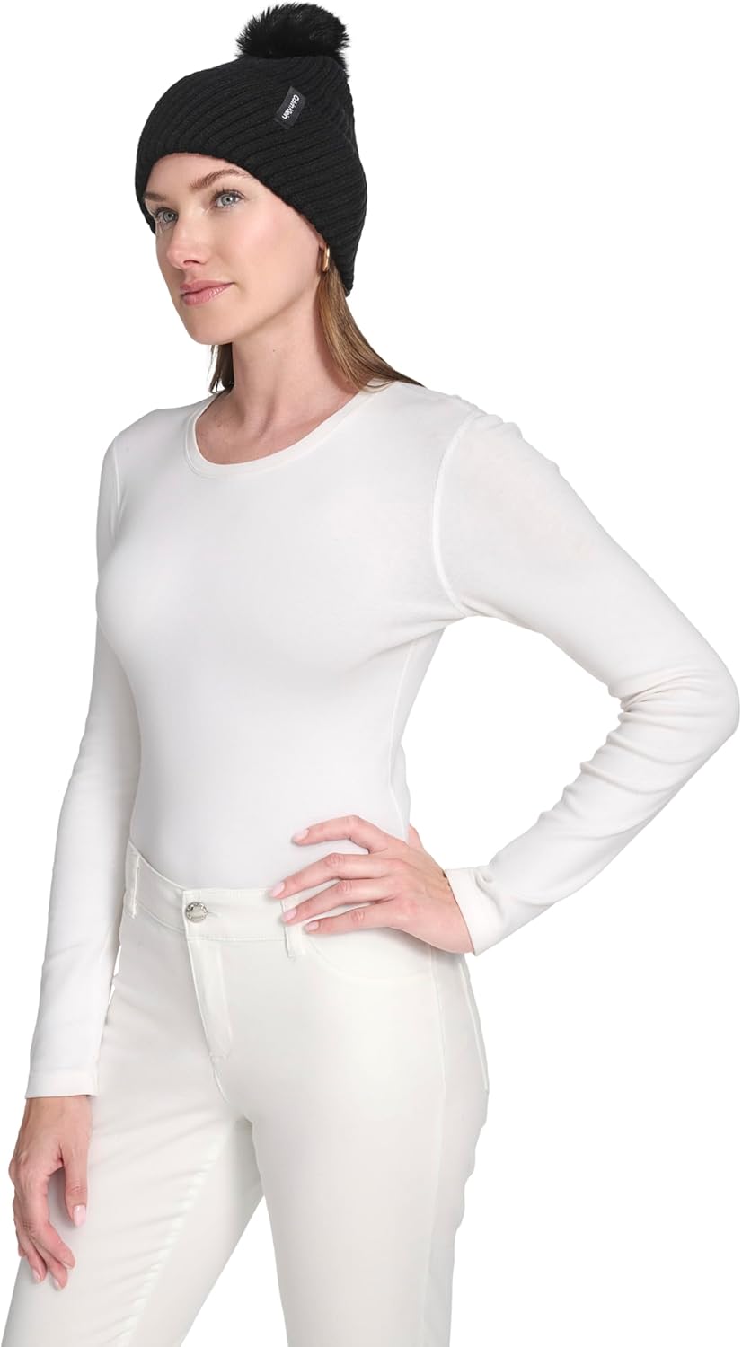 Calvin Klein Womens Diagonal Rib Winter Beanie with Faux Fur Pom - Image 2