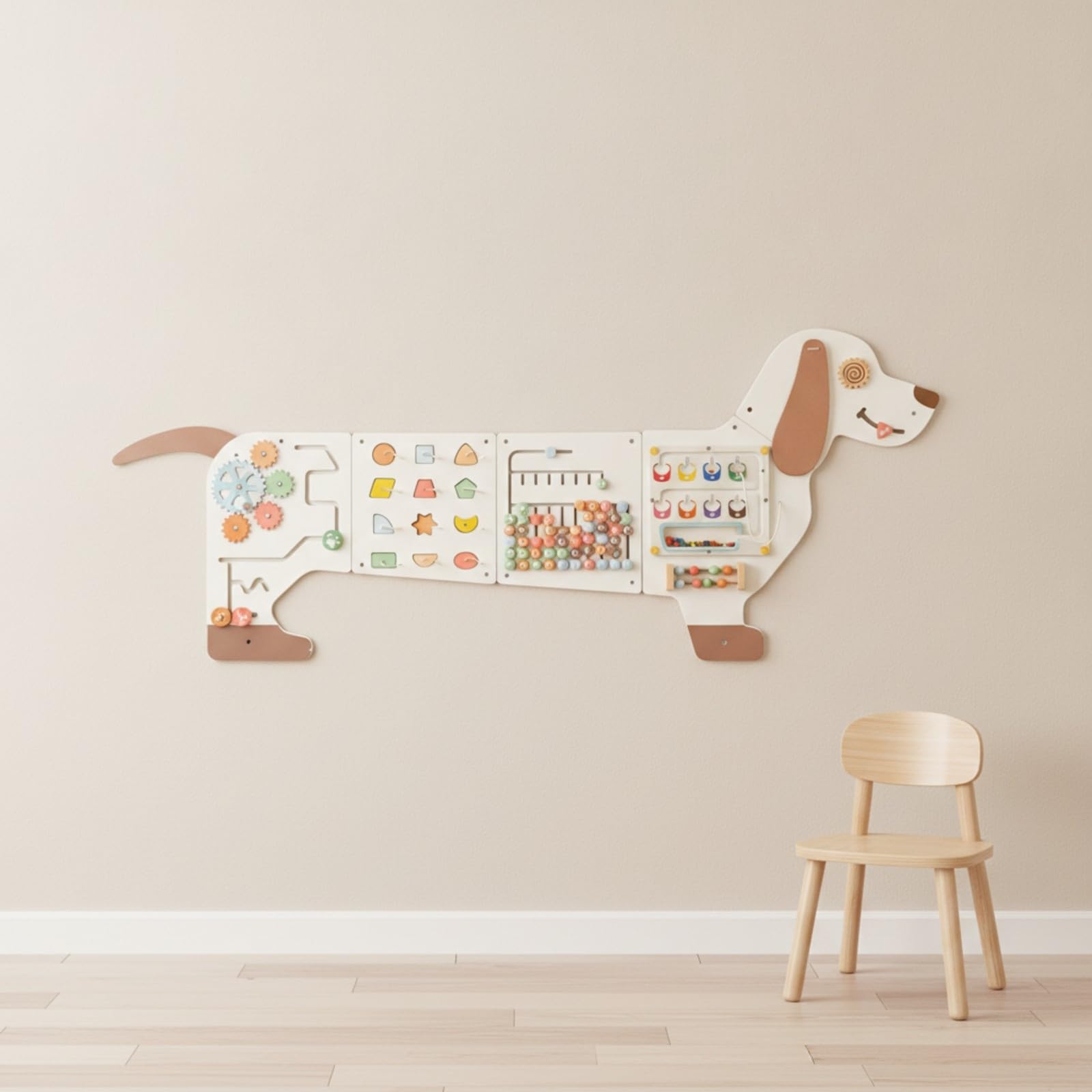 Pannello attività a Forma di Cane in Legno Senza Schermo Tavola Occupata da Parete con Silhouette di Cane Polisensoriale per Giochi