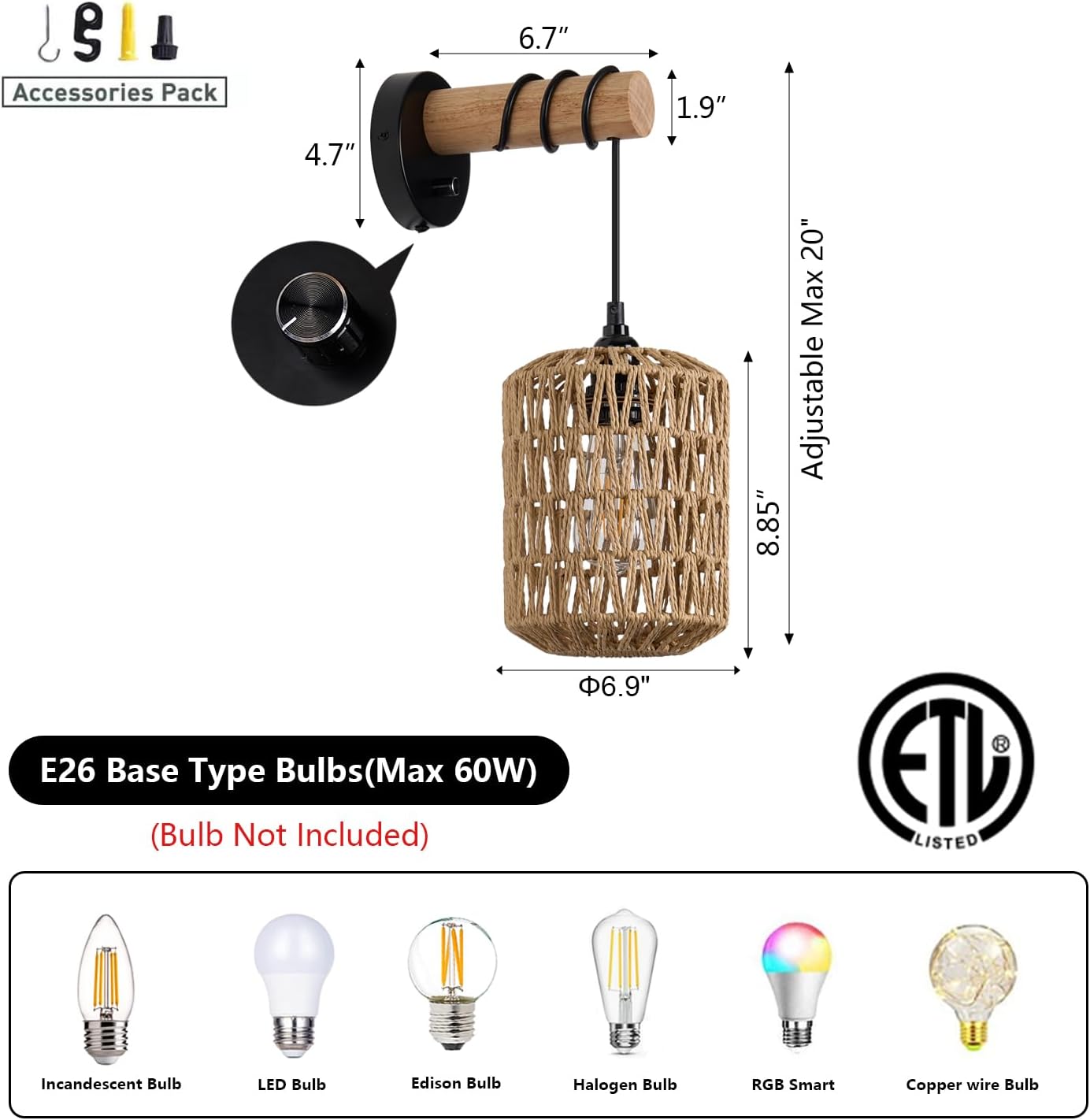 Boho Wall Sconces Set of 2 Rattan Wall Sconce Dimmer Wall Lamp Light Fixtures with Cord Wicker Hanging Wall Mount Light for Bedroom Living Room