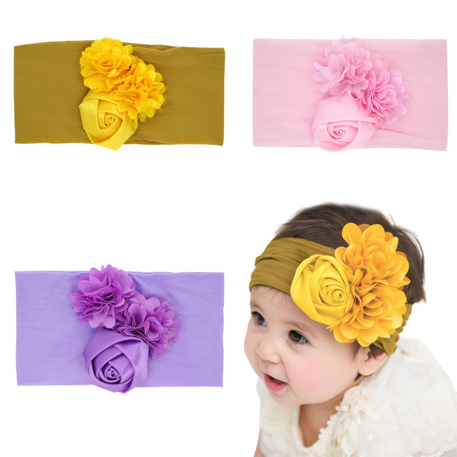 SYGA PACK OF 3 Baby Headbands Soft Nylon Fancy Flower Strechable Hairbands Newborn Infant Toddlers Kids 0-3 Year(Pink-Yellow-Purple)-image-49