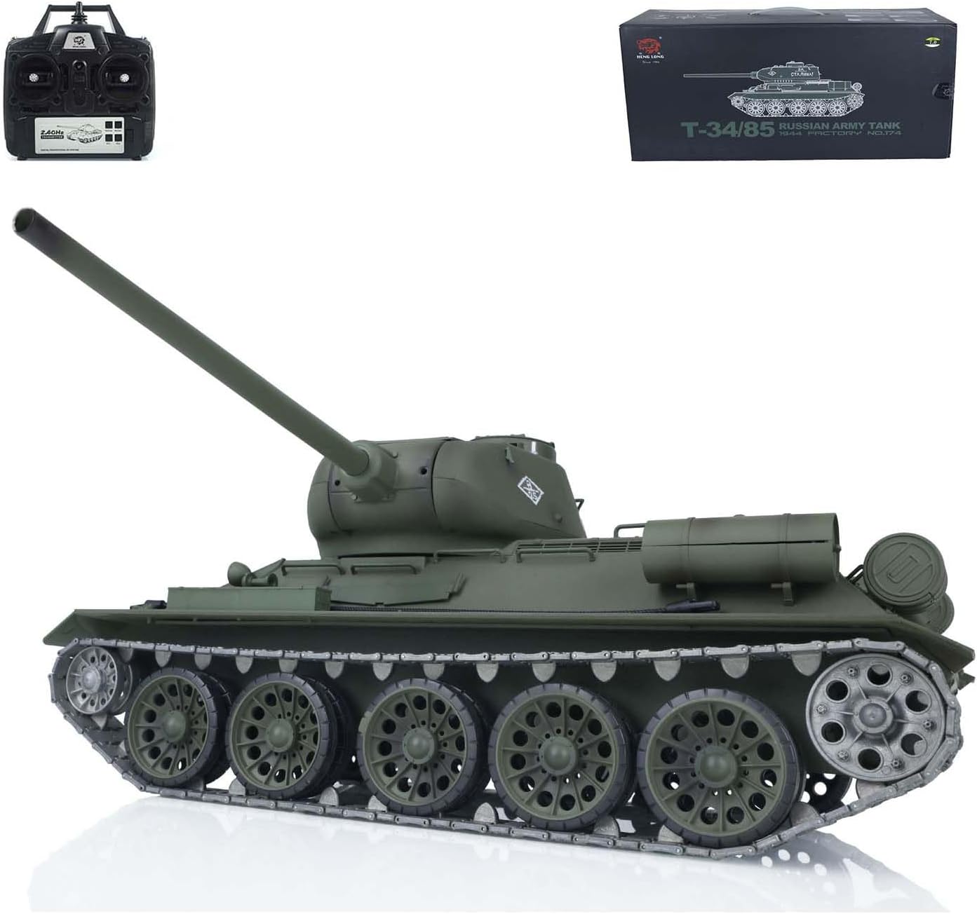 Heng Long US in Stock, 2.4G 1/16 Scale 7.0 Plastic Ver Soviet T34-85 RTR RC Tank Model 3909 340° Rotating Turret Infrared Combat Smoking Generator Lifting Barrel Light Sound BB Shooting