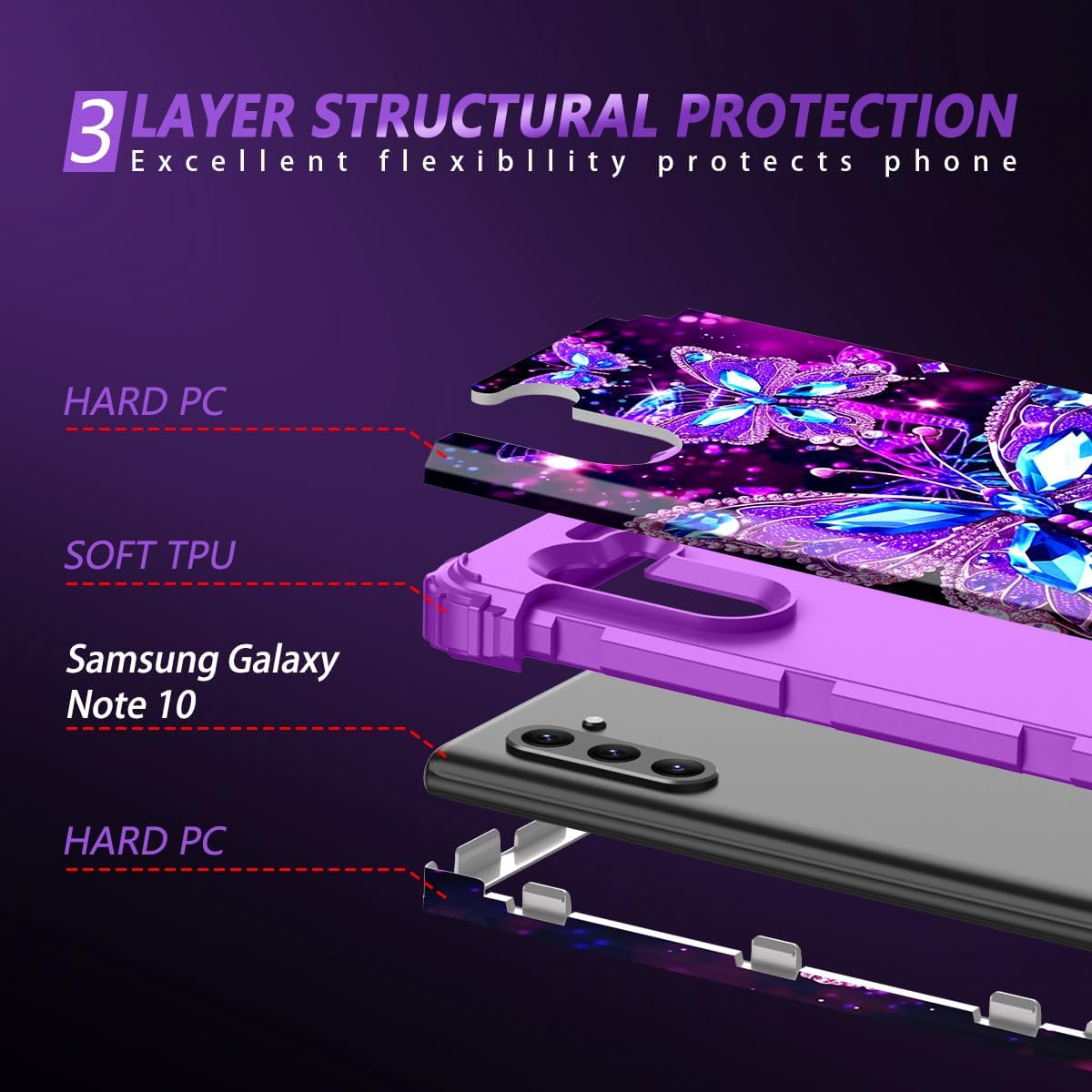 Miqala Compatible with Galaxy Note 10 Case,Glow in The Dark Three Layer Heavy Duty Shockproof Protection Hard Plastic Bumper+Soft Silicone Case for Samsung Galaxy Note 10,Dark Butterfly - Image 3