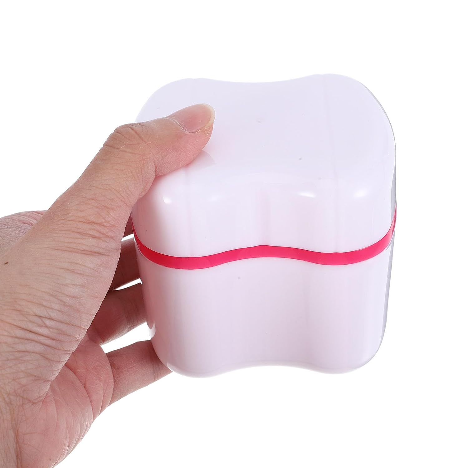 Denture Storage Box with Strainer Basket and Cleaning Brush, Red Retainer Bath Case for Soaking False Teeth, Portable Toothbrush Organizer for Travel and Regular Oral Hygiene