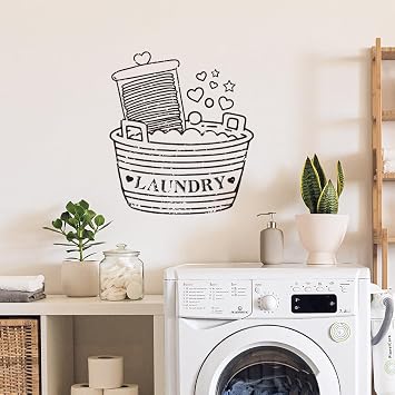 SUPERDANT Laundry Room Wall Sticker Cute Washboard Bucket Wall Decal Black Vinyl Transfer Art Decals Home Decor for Laundry Room Apartment Washing Machine Decoration Gifts