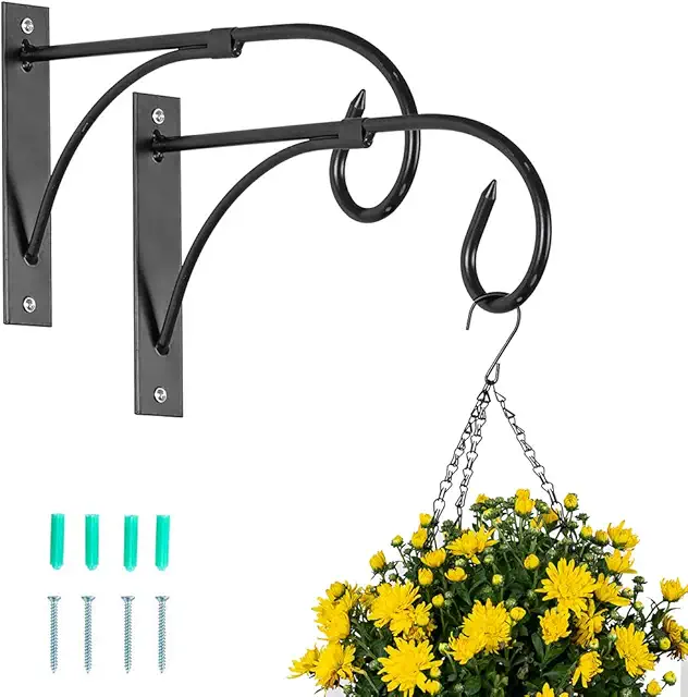 NUPTIO 2-Pack Black Hanging Basket Brackets - Heavy Duty Metal Garden Hooks
