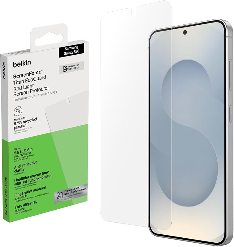 Belkin ScreenForce Titan EcoGuard Protection D'Écran Avec Filtre Lumière Rouge pour Samsung Galaxy S26, Protection Anti-Impact, Anti-trace de Doigt, Ultrafine, Avec Support Easy Align