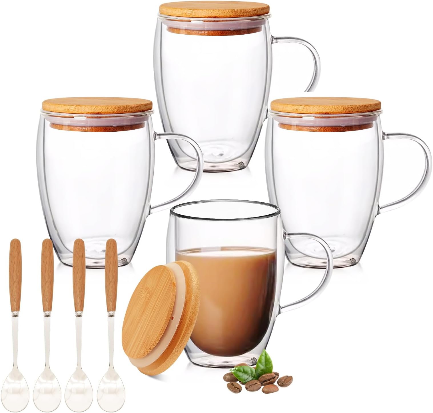  4 Pack 12oz Double Walled Glass Coffee Mugs with Bamboo Lid/Spoon, Espresso Mug Cups with Handle, Cappuccino Latte Glass Cups, Borosilicate Glass Clear Mugs for Hot Beverages