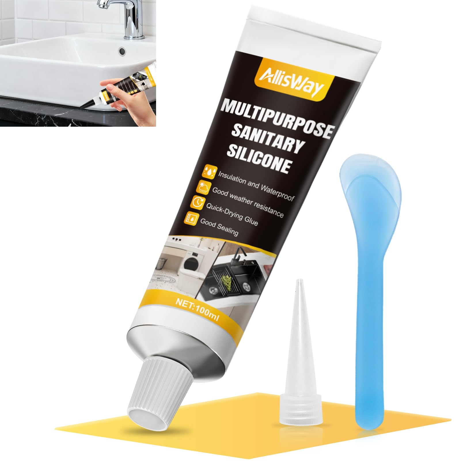 Silicone Nero,Silicone Doccia,Silicones Bagno, Impermeabile,Dotato di Raschietto e Ugello, Adatto per la Sigillatura di Lavandini, Ripiani e Vasche da Bagno, 100 ml，Nero