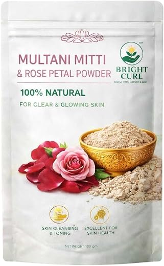 Bright Cure Multani Mitti &amp; Rose Petal Powder Face Pack | 100% Natural Skin Care Powder | For Acne, Oil Control, Deep Clea...