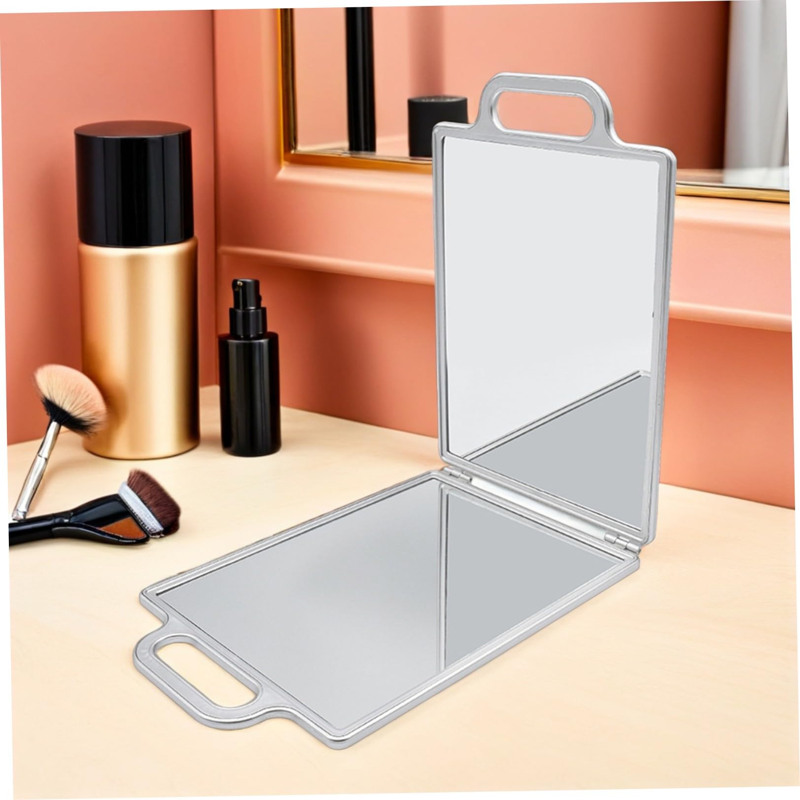 Specchio Parrucchiere Doppio Lato con Doppia Maniglia, Portatile e Pieghevole in Vetro e Plastica, per Saloni Professionali e Styling