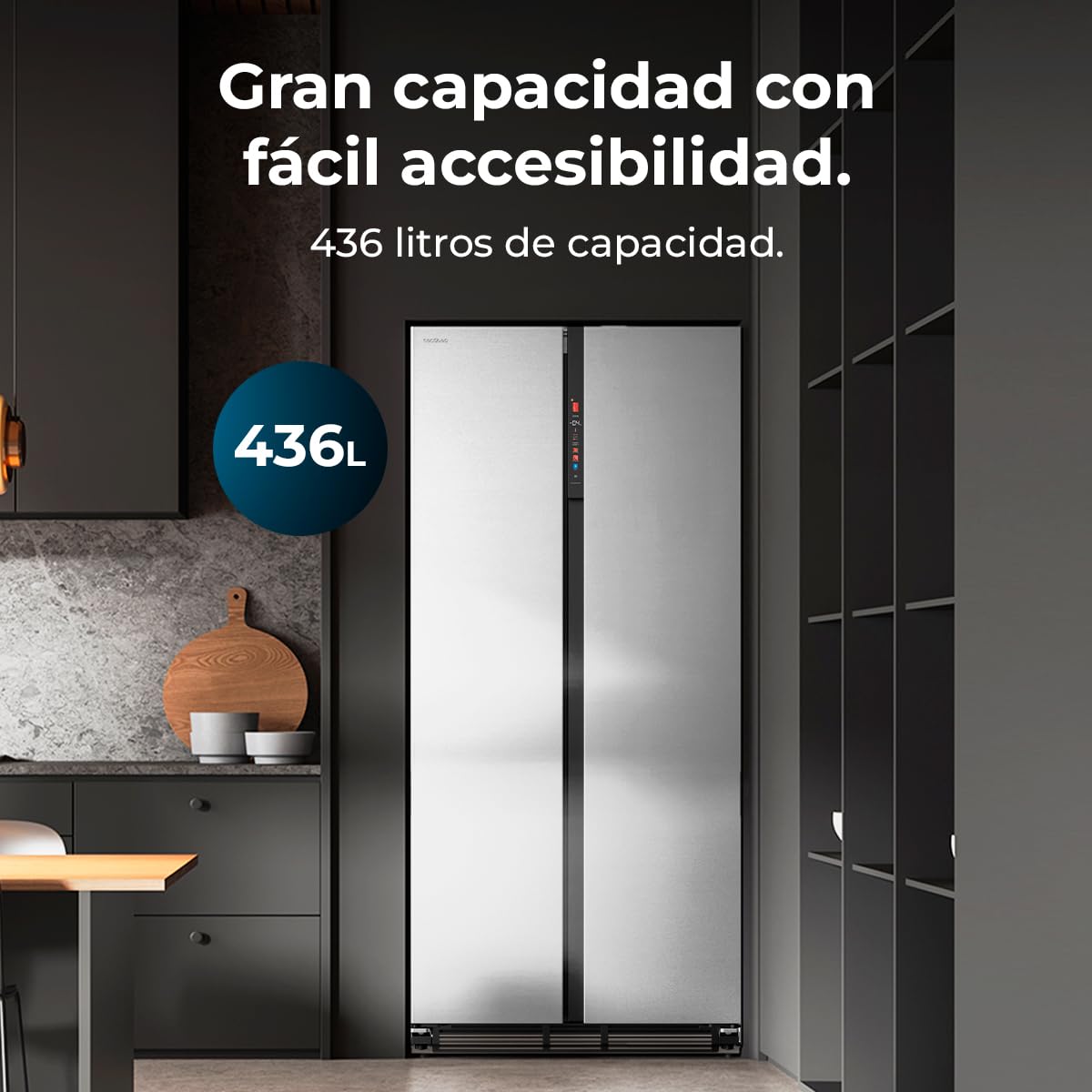 Cecotec Frigorífico Americano Semi Integrable de 436L Total No Frost Bolero CoolMarket SBS 436 SBI Inox E. Compresor Inverter Bajo Consumo, 184,8 x 84,4 m, Interior Premium Gris, Cajón Convertible