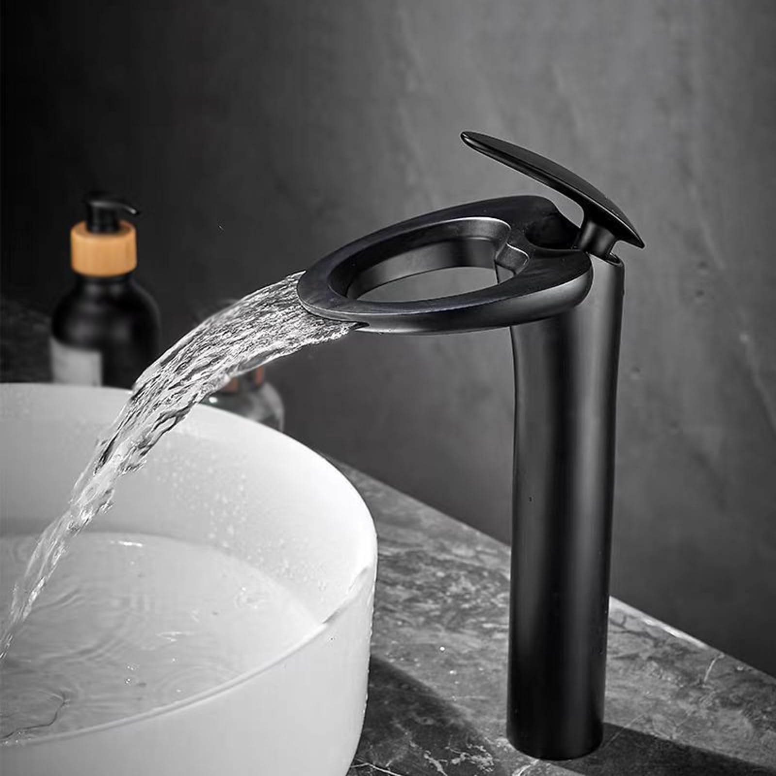 BiaoTeng Wasserhahn Bad Wasserfall Hoch Einhebelmischer Warm und Kalt Messing Armatur Aufsatzwaschbecken Schwarz