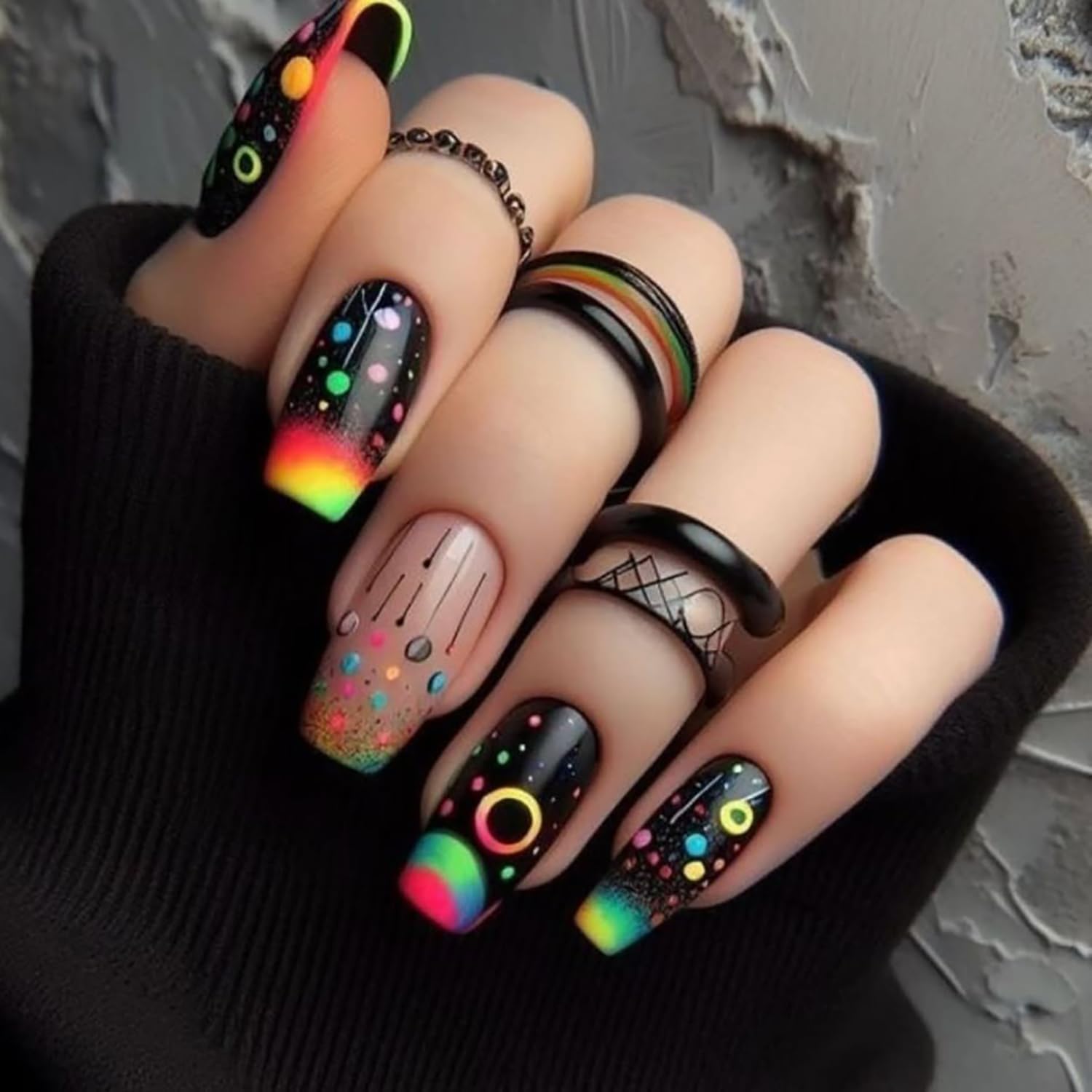 24Pcs Black Rainbow Press on Nails, Acrylic Full Cover Coffin Nails - Gradient & Circle Design, Medium Ballet Shape