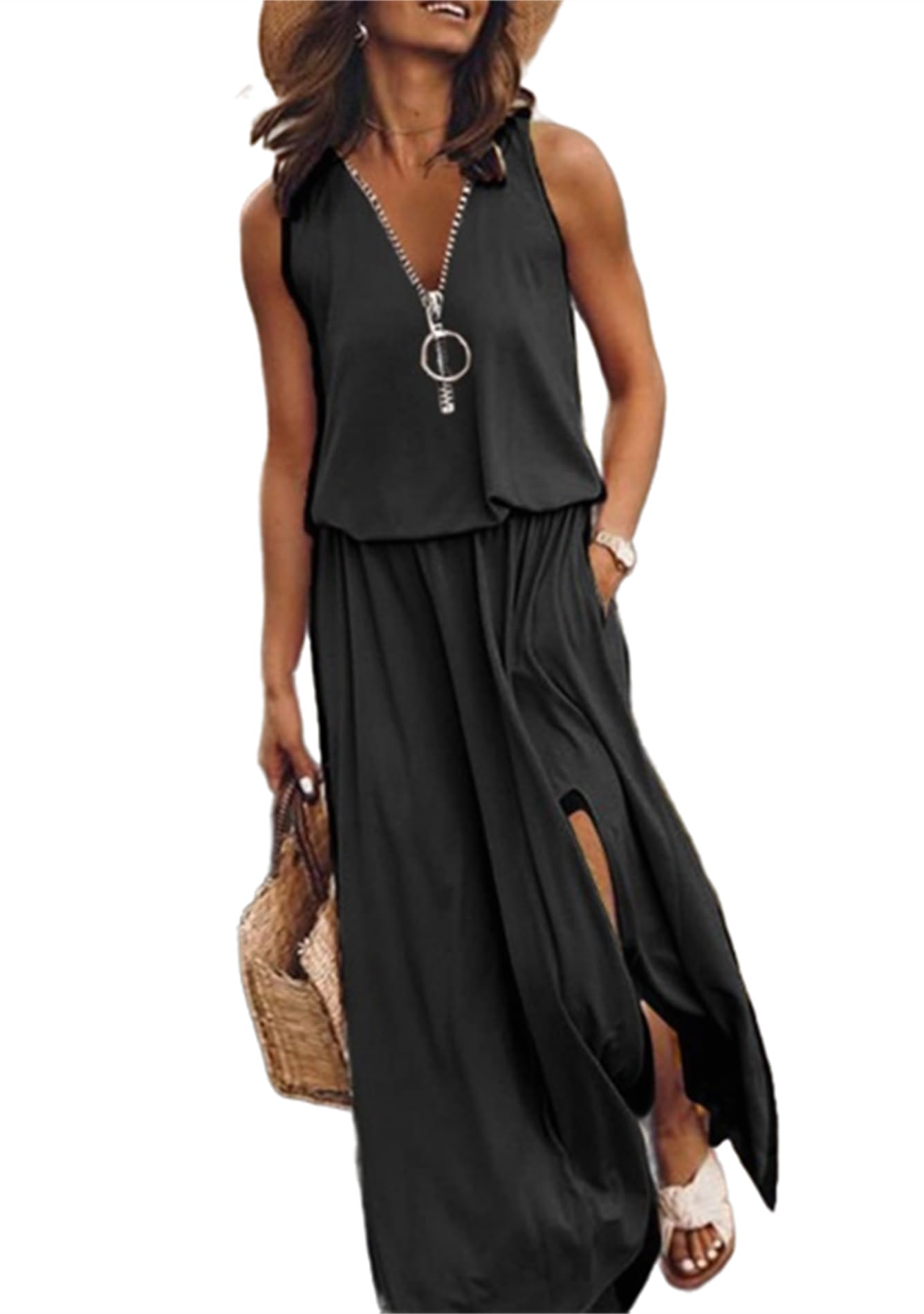 FLITAY V Neck Letter Print Dress for Women Front Zipper Baggy Maxi Dress Plus Size Sleeveless Sundress