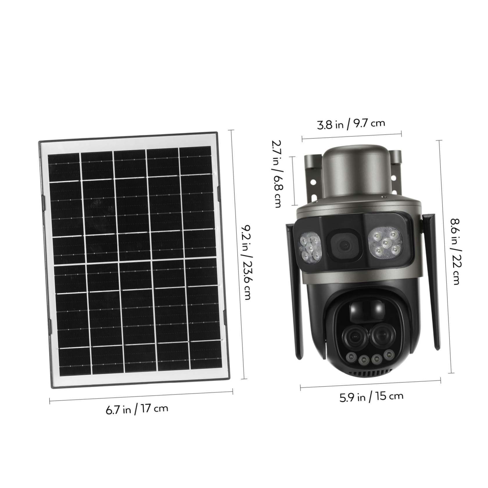 INOOMP Telecamera di Sicurezza Solare a Tripla Lente 5mp, Zoom 10x, Visione Notturna a Colori, Audio Bidirezionale, per Esterni e Sicurezza Domestica, Ip66, Abs