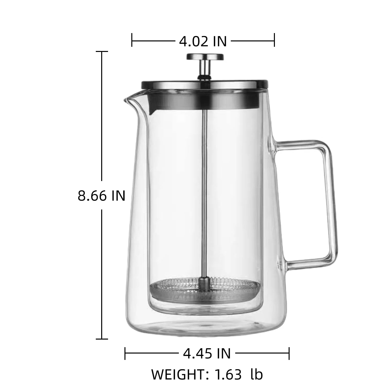 French Press Kaffeebereiter, 1 Liter, doppelwandiges isoliertes Borosilikatglas, hitzebeständiges Design, Edelstahlfilter für Kaffee, Tee und Kaltgebrühe