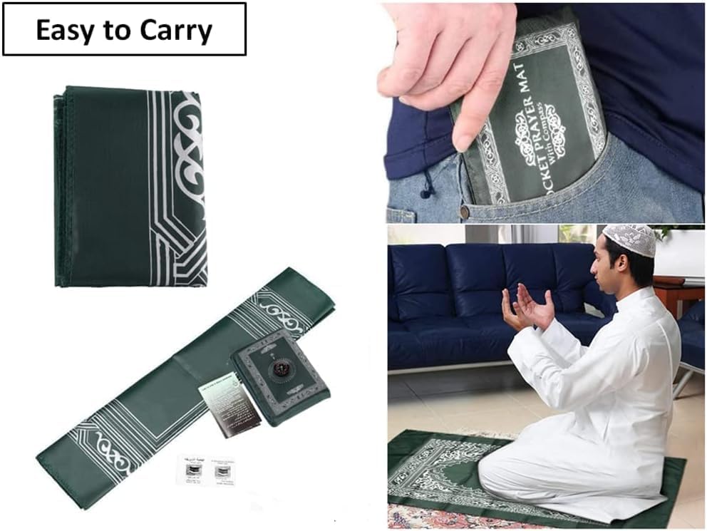 Miniatura 4 de Kellegour Tapete de oración de viaje con brújula, alfombra de oración musulmana, con bolsa de transporte de bolsillo de brújula, alfombrilla de