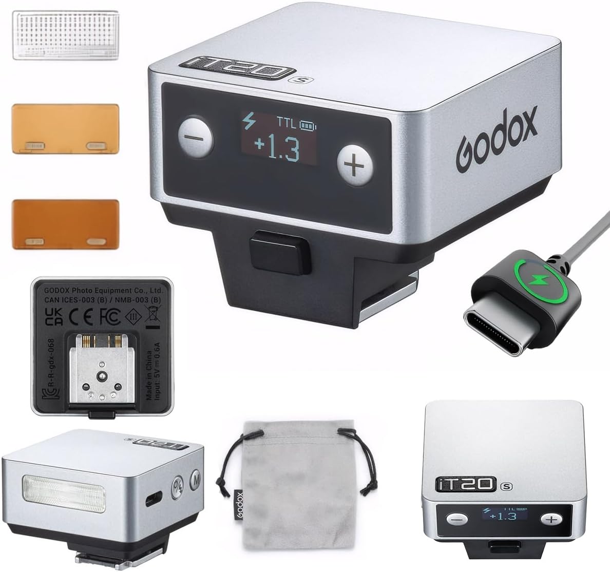 Godox IT20 S IT20S Flash for Sony,GODOX iT20S IT20 S Mini Camera Flash, TTL/Manual Modes,7.4V 300mAh Battery,1.5s Recycle,with ±⅓ Increment,Hot Shoe Triggering,Includes Spreader/Color Filter (Silver)