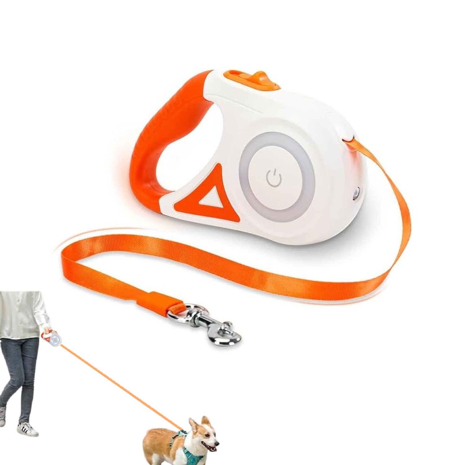 Correa retráctil automática para perro con linterna y luces LED de seguridad, color naranja