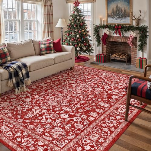 Christmas Area Rug 6x9 Red Washable Living Room Carpet Vintage Floral Holiday Decor Indoor Bedroom Accent Rug Decorative Non Slip Low Pile Xmas Carpet for Dining Room Office Playroom