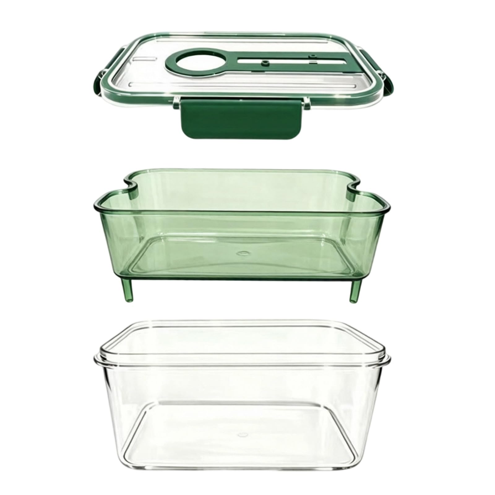 Pangboer Green Drain Store Container For Washed Produce, Clear Refrigerator Organizer Box With Sealed Cover, Removable Basket Produce Storage Container Drain Tray Box Fridge Organizer Clear Food Keeper Removable Bin