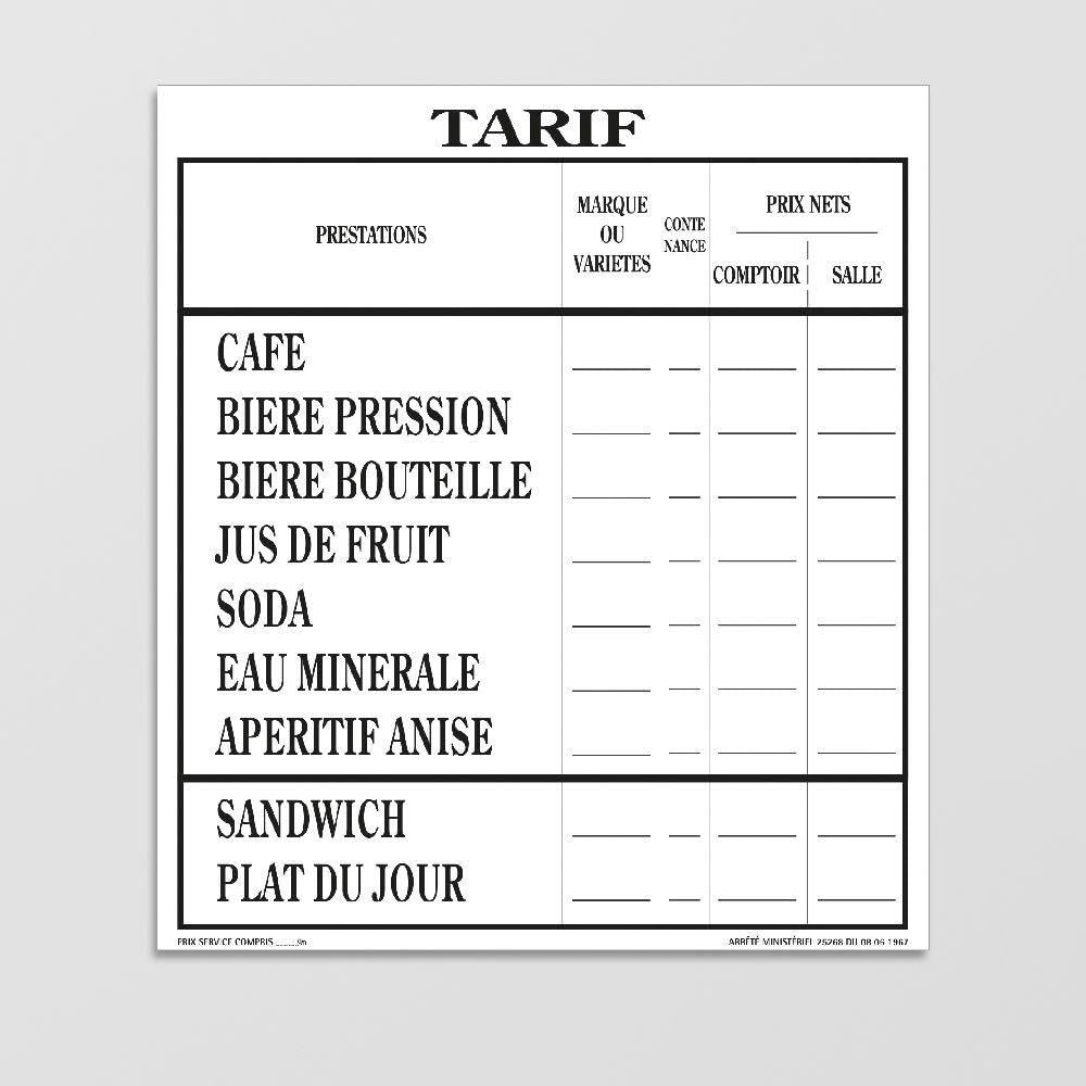 Affichage Tarif des Consommations (Extérieur)