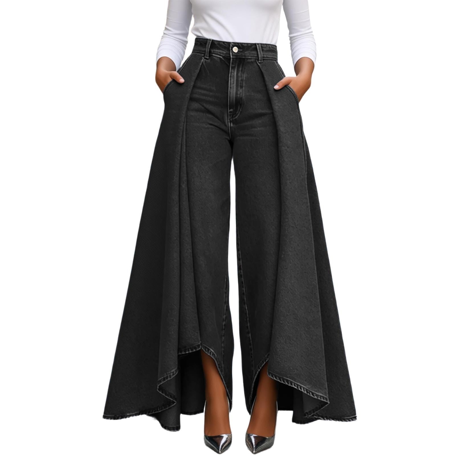 Pantalon asymétrique taille haute pour femme avec jupe superposée à volants sur le côté - Pantalon ample et fluide en jean