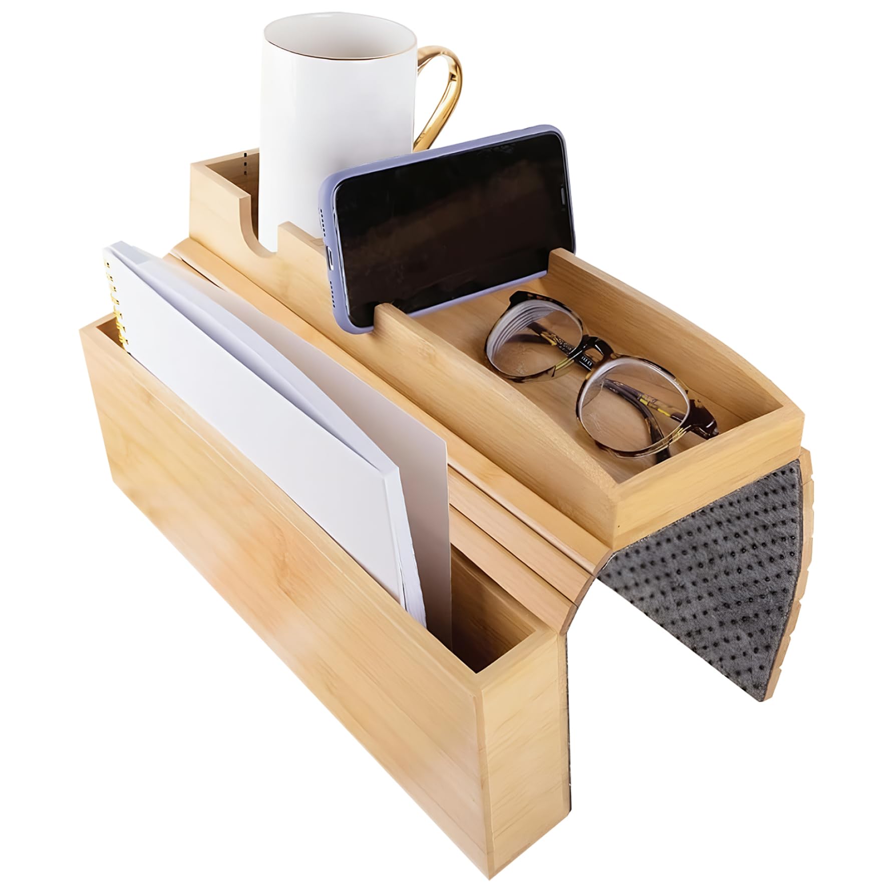 Peosaard Light Brown Bamboo Couch Cup Holder - Non-Slip Sofa Arm Tray Table With Side Storage & Phone Slot For Drinks, Remote, Snacks - Foldable Couch Armrest Organizer, Caddy With Cup Holder
