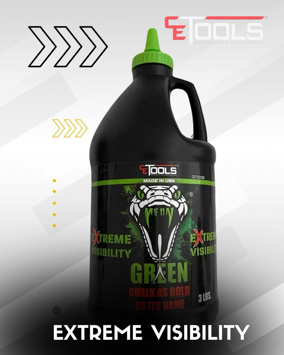 CE TOOLS COMBO SnapBack® Chalk Line with Releasable Tip 3LB Mean Green EXTREME VISIBILITY Marking Chalk-Made in US, For Chalkline, Job site Chalk, Hydrophobic, Construction use.