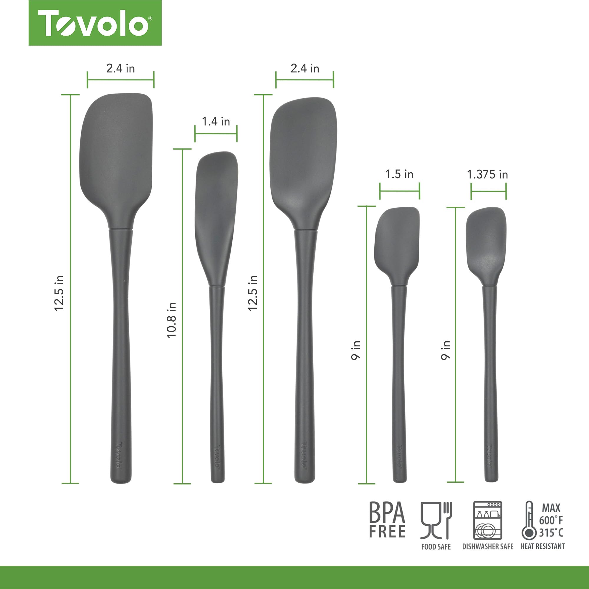 Tovolo Flex-Core All Silikon Pfannenwender 5er Set für Mahlzeiten, Kochen, Backen und mehr - anthrazit