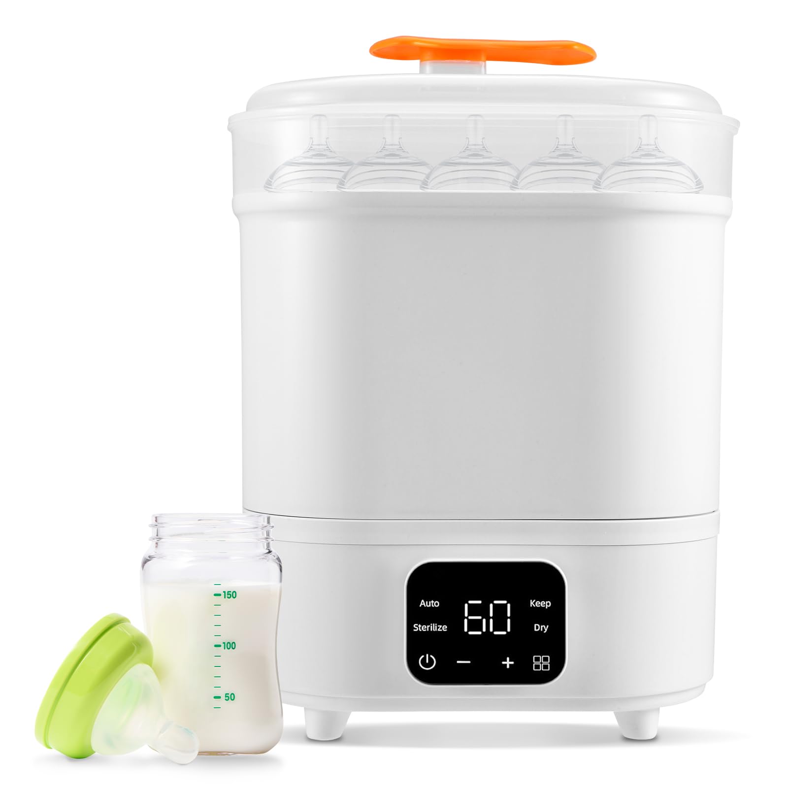 Sterilisator für Babyflaschen mit Trockner, Keramik-Vaporisator | 6-in-1 Dampfsterilisator für 6 Flaschen. Rostfreie Keramik-Heizplatte für leichte Reinigung, Auto-Trocknung & 24h-Modus.