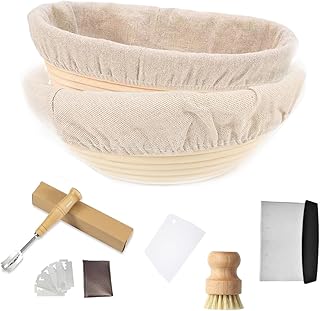 JETAINE Bread Proofing Basket Starter kit, 9Inch Round+10Inch Oval Banneton Proving Basket, Sourdough Bread Making Accessories with Liner+Bread Lame+Dough Scraper+Bamboo Brush, Baking Gifts for Baker