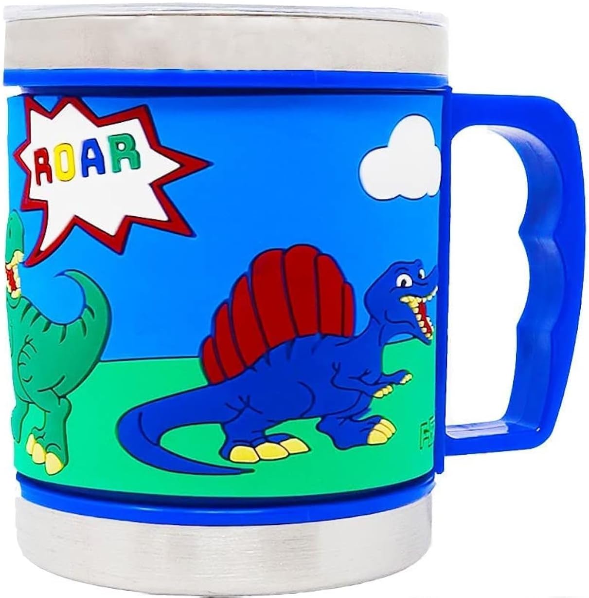 F-32 12 Oz Kids Stainless Steel Mug With Slider Closure Lid - Eco-Friendly - BPA Free Signature Collection (Dinosaur Blue)