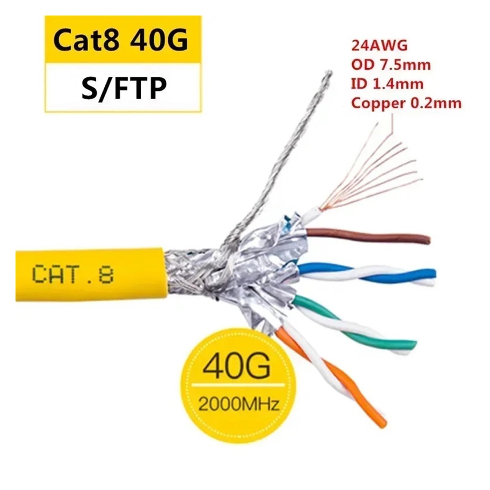 Câble Ethernet RJ45 CAT 8, fil réseau 40G S FTP double blindage 22AWG 24AWG Cat8(Yellow 22AWG,50M)