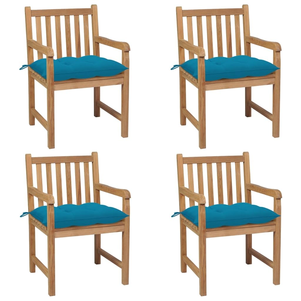 Set di 4 mobili da giardino in teak con cuscini azzurri, sedie in legno rustico per terrazza e giardino, in legno di teak massiccio, portata fino a 110 kg per seduta