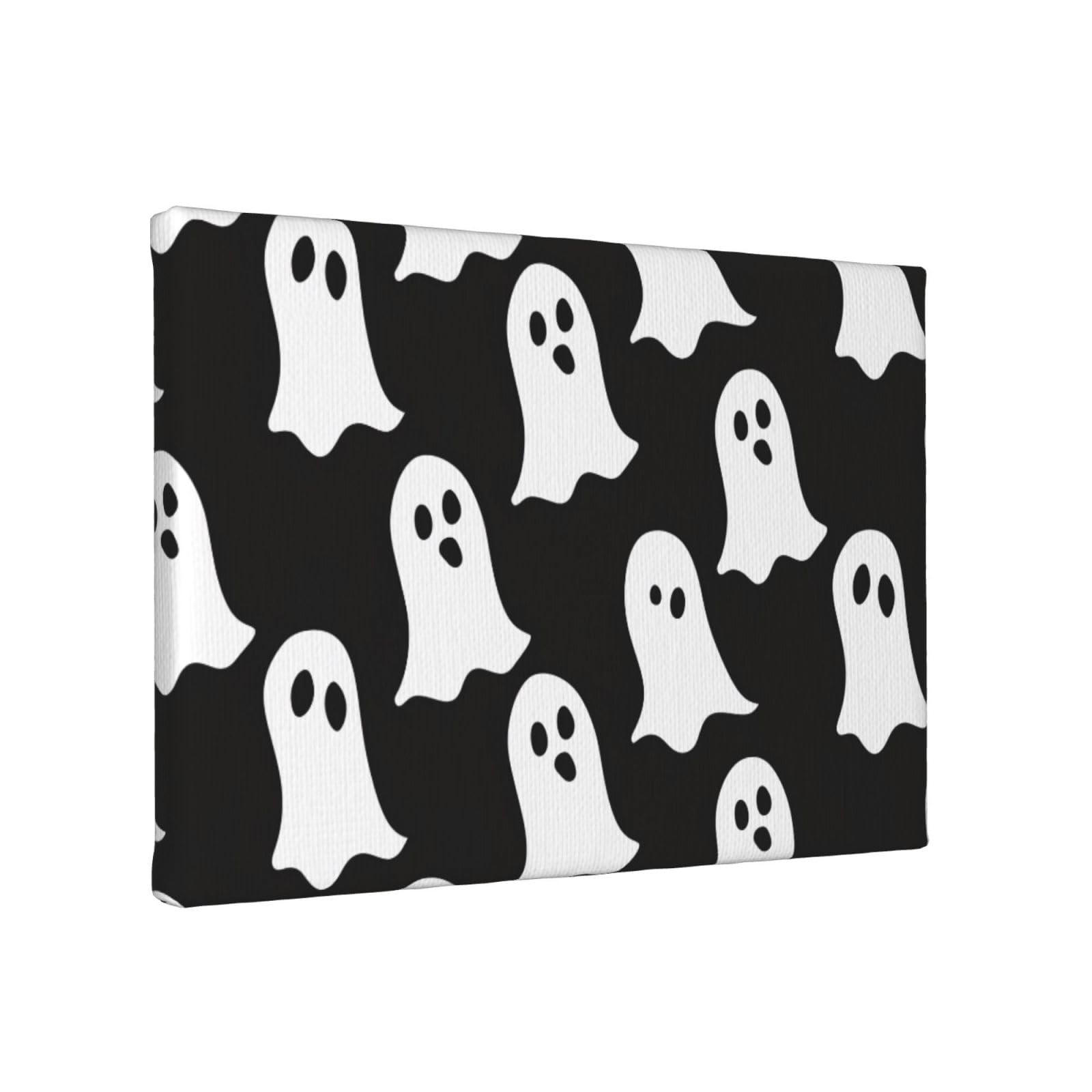 YKLJG Cute White Ghost Halloween Pattern Printed Wall Art Canvas Painting 30x20 CM Wooden Framed Picture Painting Artwork Prints for Bedroom Kitchen Home Office Decor