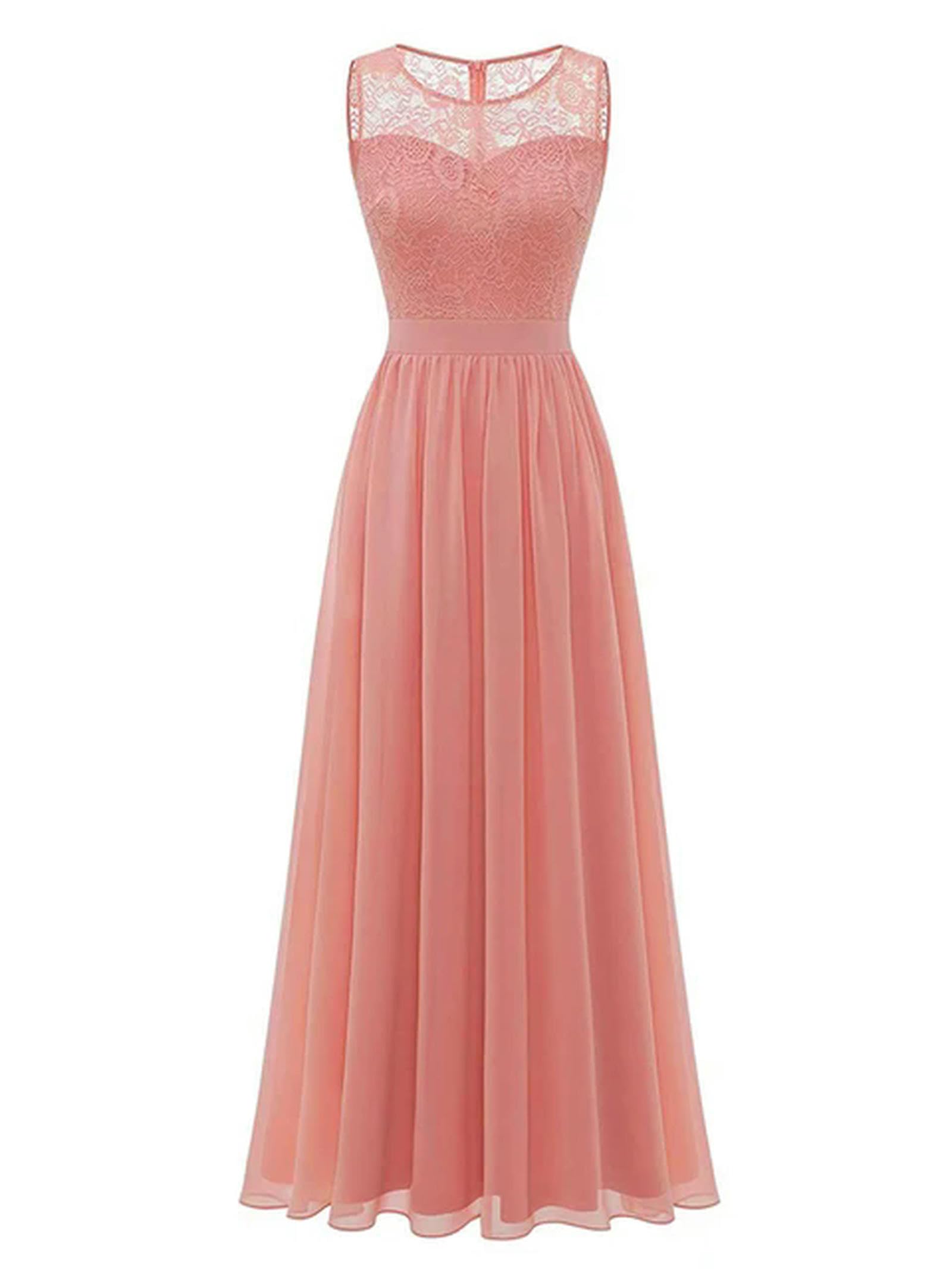 Robe de soirée en mousseline rose XL avec dentelle plissée col rond pour femme