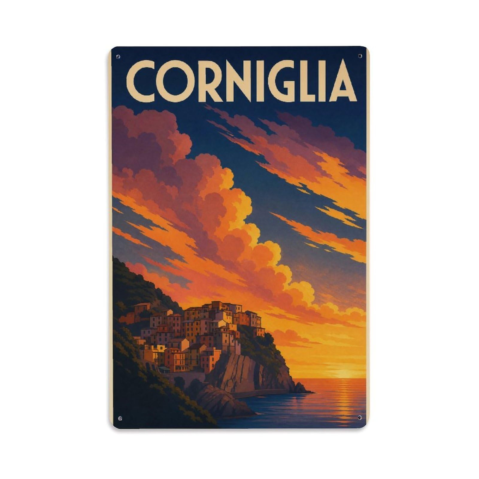 Huiyhb 8X12inch(20X30cm) Vintage Travel Corniglia Sunset Clouds Dramatic Sky Italy Metal Tin Sign